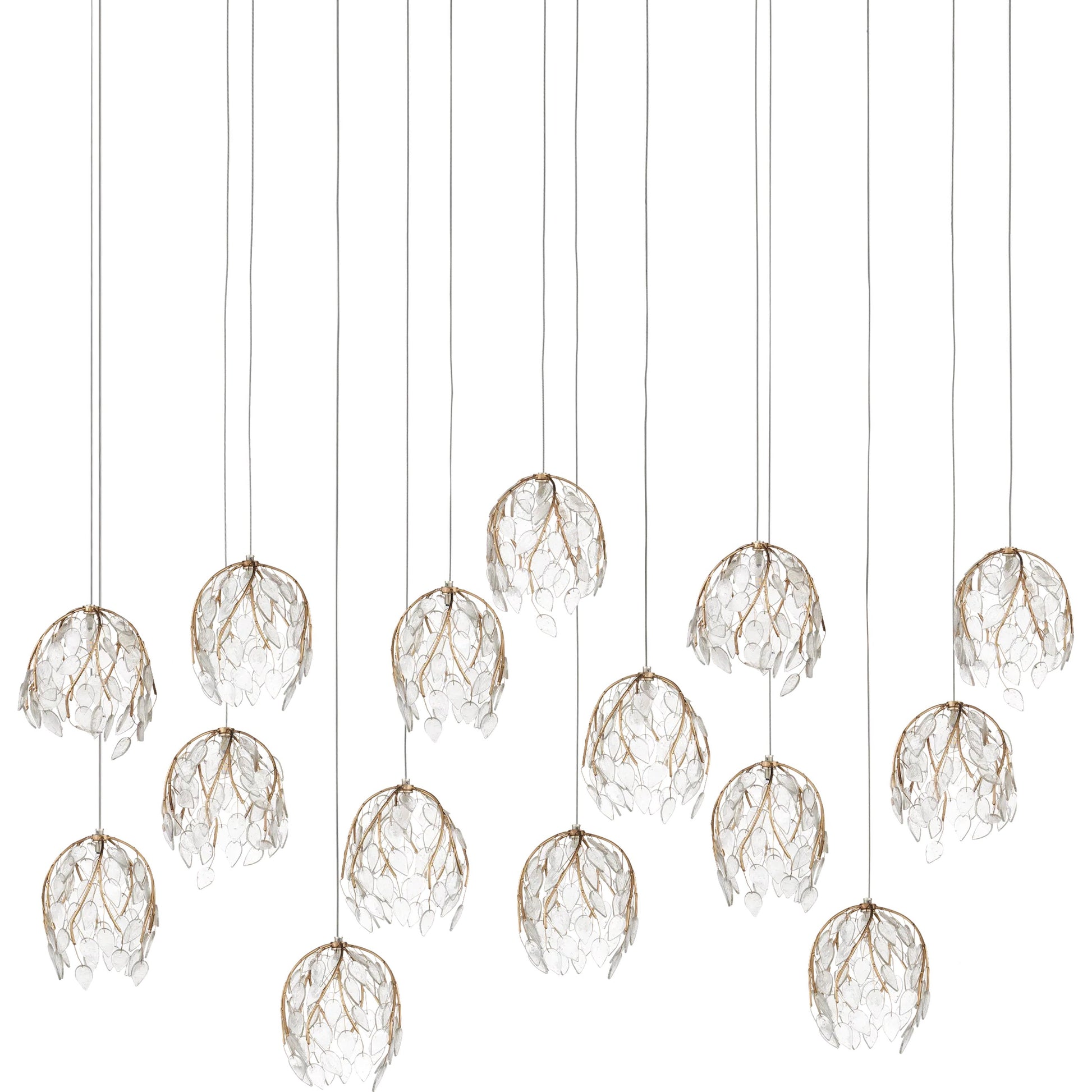 Banyan 15-Light Linear Multi-Drop Pendant by Currey and Company in antique brass, clear, silver. Made from metal, glass in a modern style.