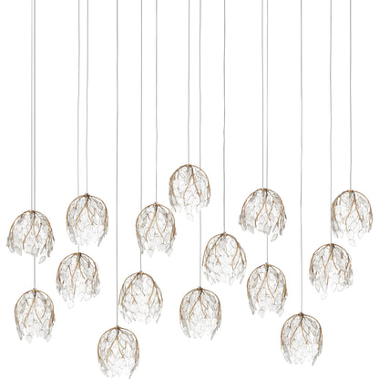 Banyan 15-Light Linear Multi-Drop Pendant by Currey and Company in antique brass, clear, silver. Made from metal, glass in a modern style.