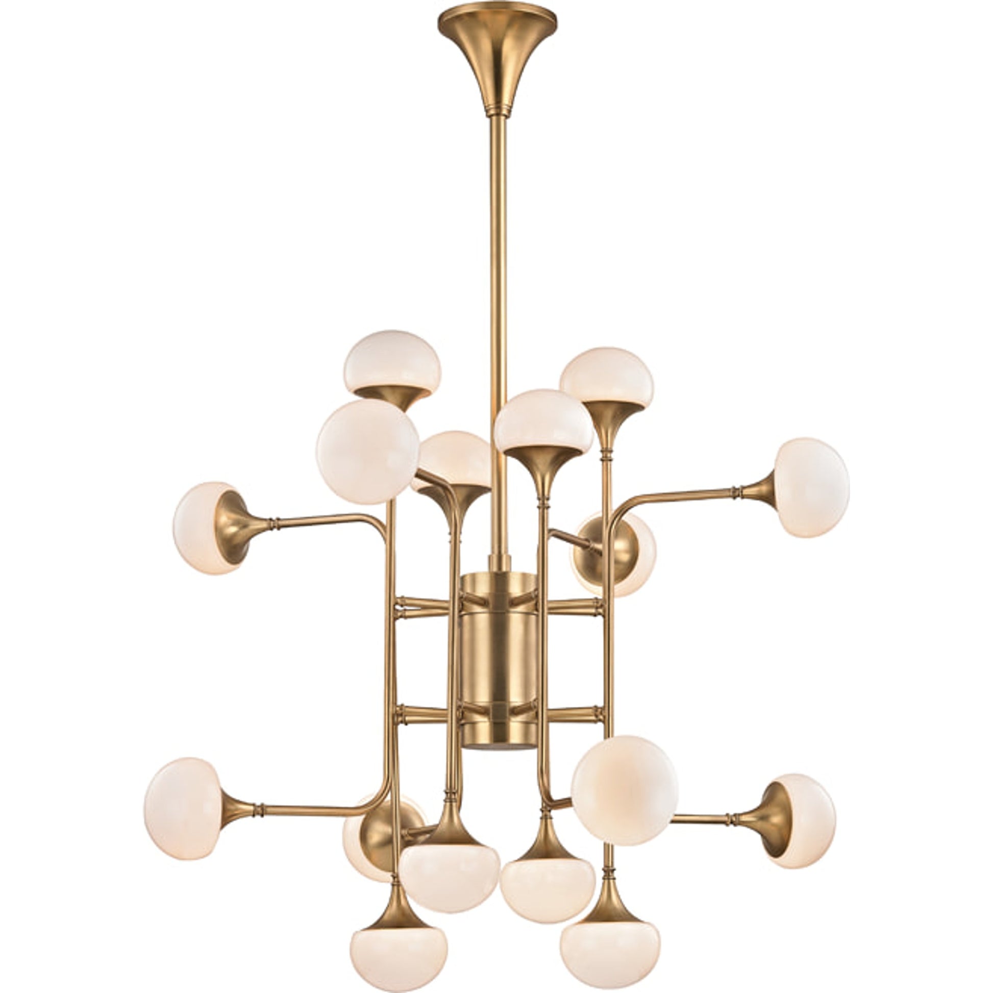 Fleming Chandelier by Hudson Valley in aged brass. Made from steel in a modern style.