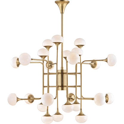 Fleming Chandelier by Hudson Valley in aged brass. Made from steel in a modern style.