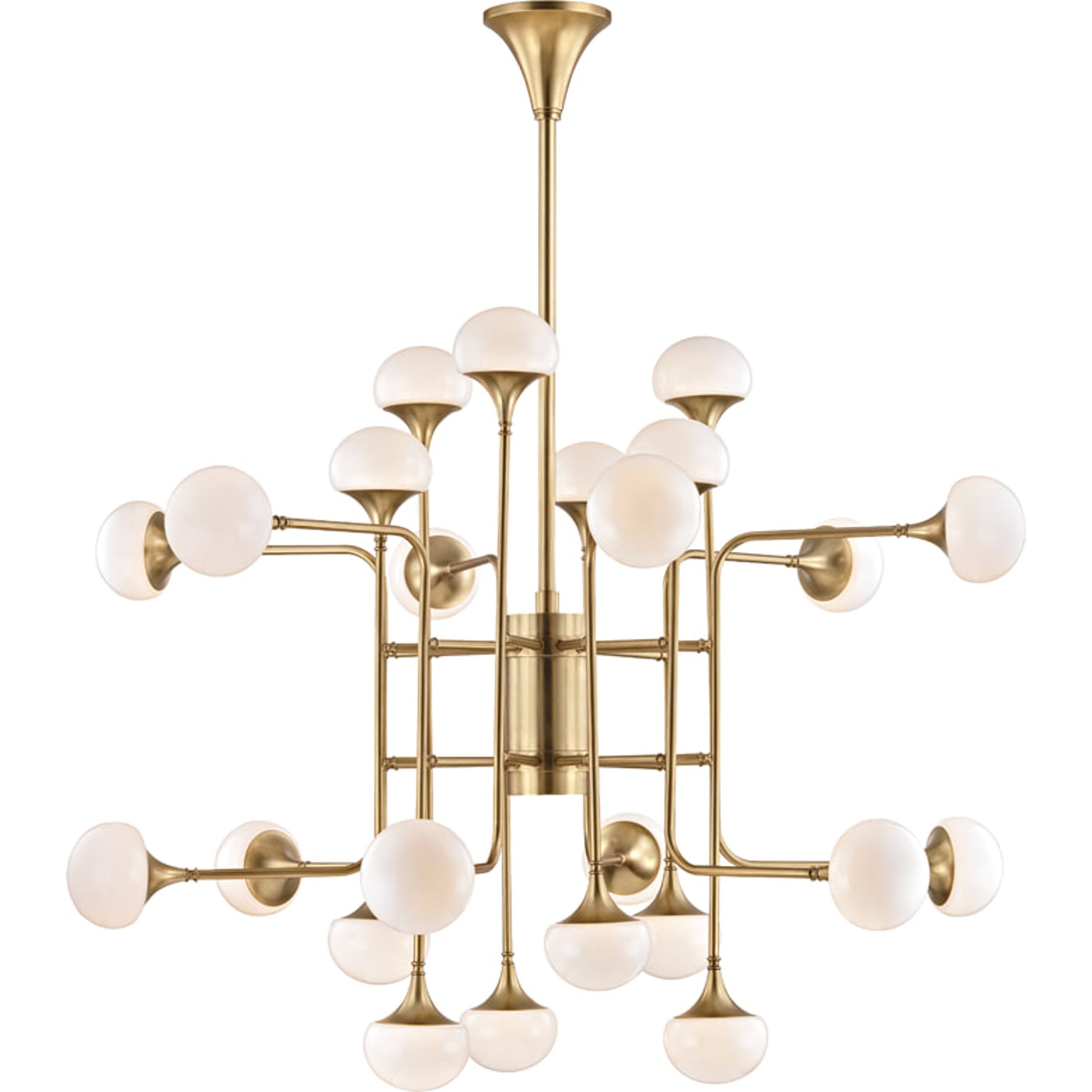 Fleming Chandelier by Hudson Valley in aged brass. Made from steel in a modern style.