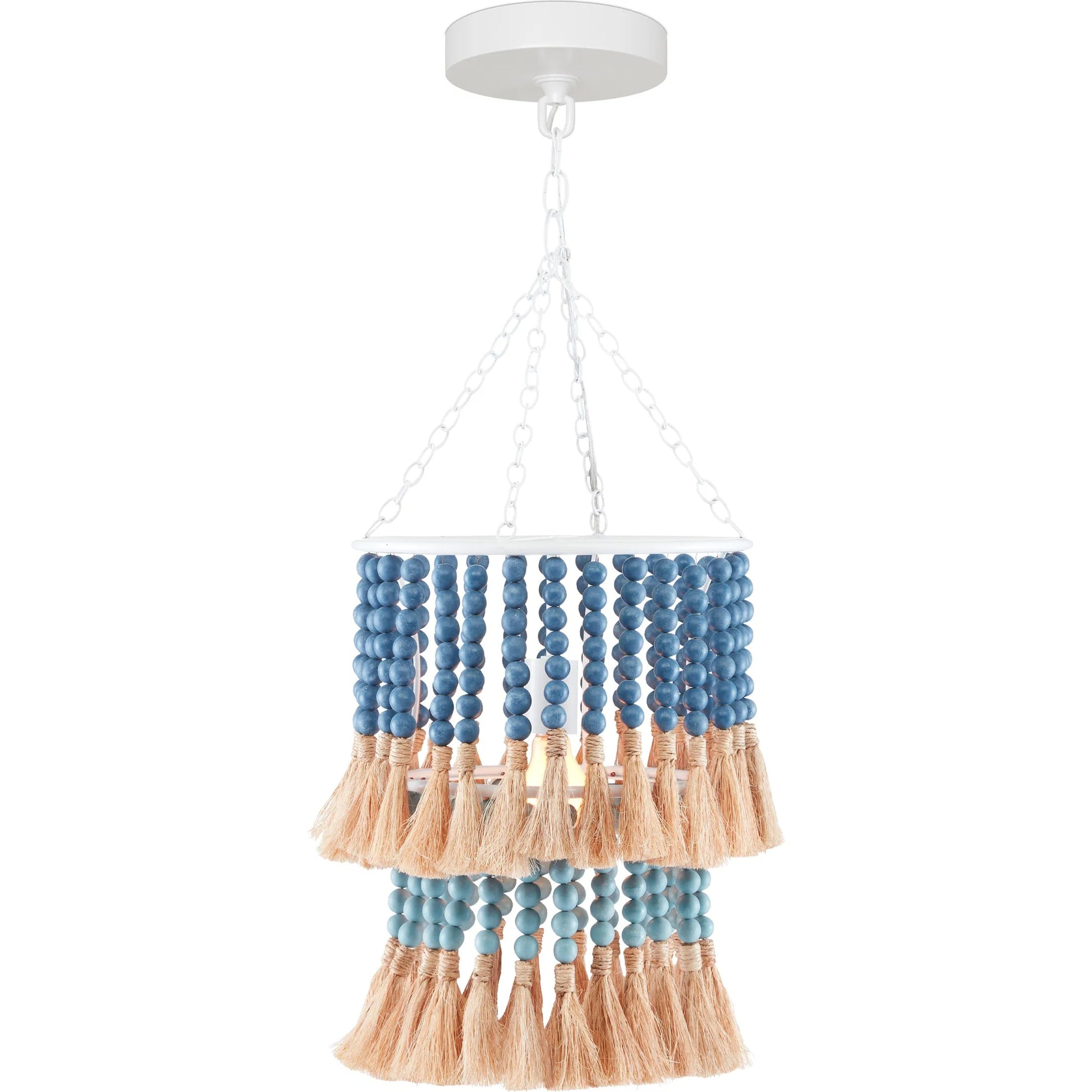 St. Barts Pendant by Currey and Company in mist blue, demin blue. Made from wrought iron, wood beads, abaca rope in a coastal style.