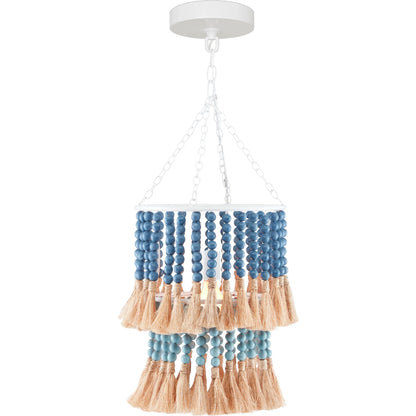 St. Barts Pendant by Currey and Company in mist blue, demin blue. Made from wrought iron, wood beads, abaca rope in a coastal style.