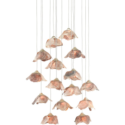 Catrice Pendant by Currey and Company in painted silver, contemporary silver leaf, natural shell. Made from capiz shell, wrought iron in a coastal style.