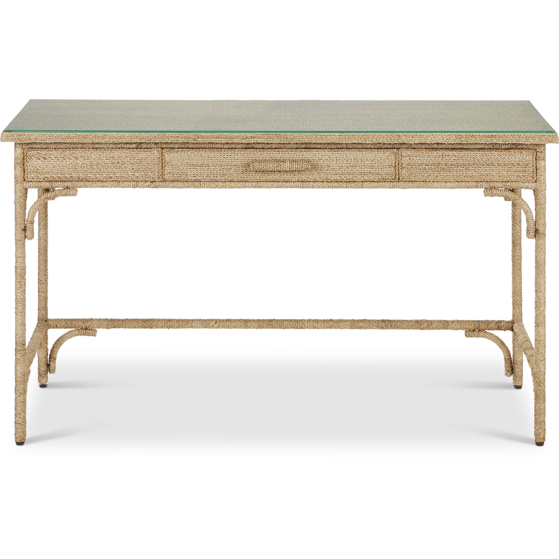 Olisa Rope Desk by Currey and Company in natural, brown carafe. Made from abaca rope, wood, wrought iron in a modern style.