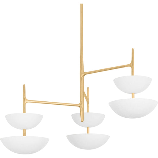 Evander 6-Light Chandelier by Corbett in vintage gold leaf, gesso white. Made from iron in a unique style.