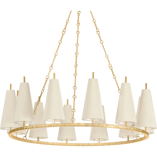 Tirana 12-Light Chandelier by Corbett in vintage gold leaf. Made from iron in a unique style.