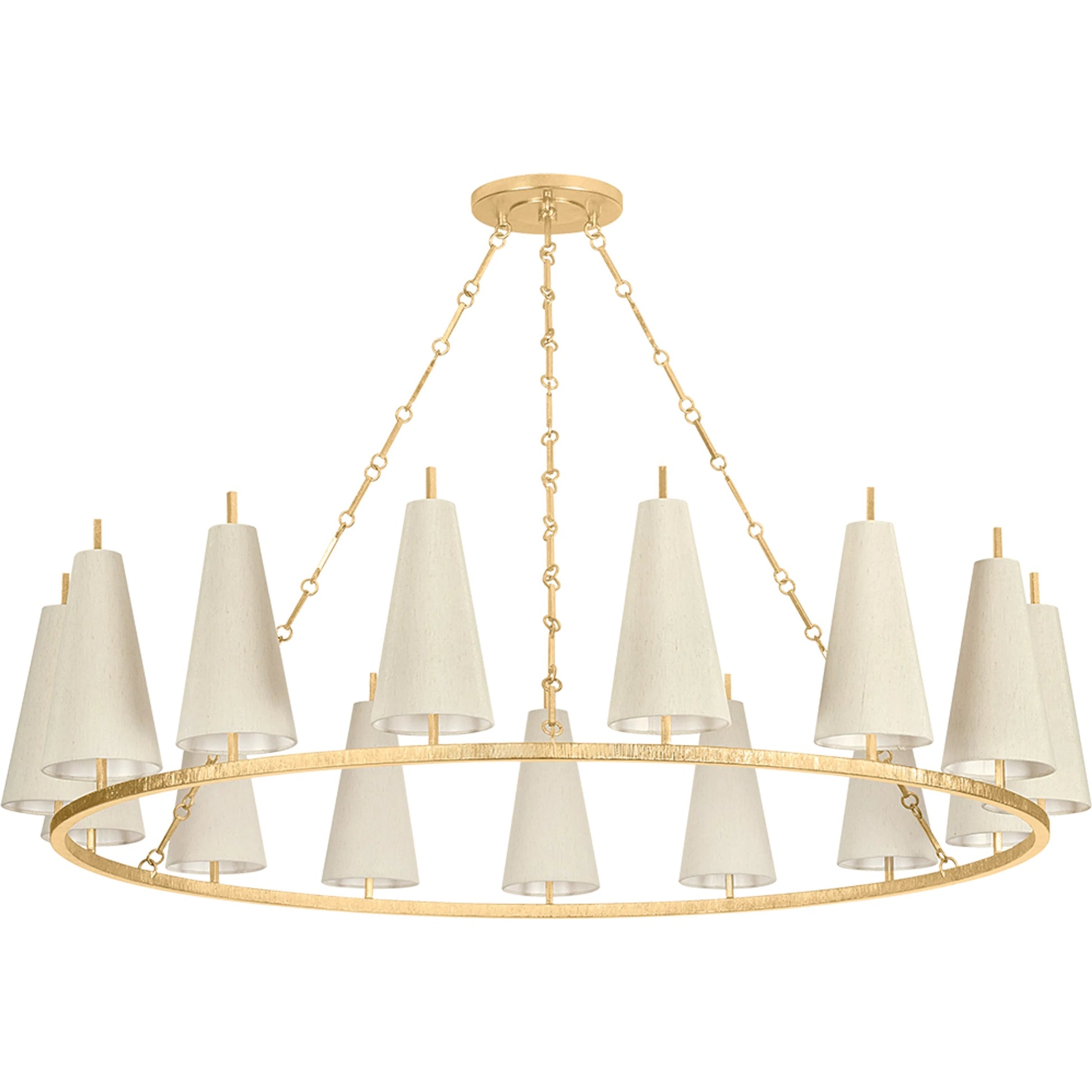 Tirana 15-Light Chandelier by Corbett in vintage gold leaf. Made from iron in a transitional style.