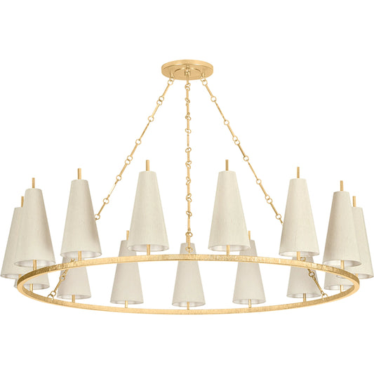 Tirana 15-Light Chandelier by Corbett in vintage gold leaf. Made from iron in a unique style.