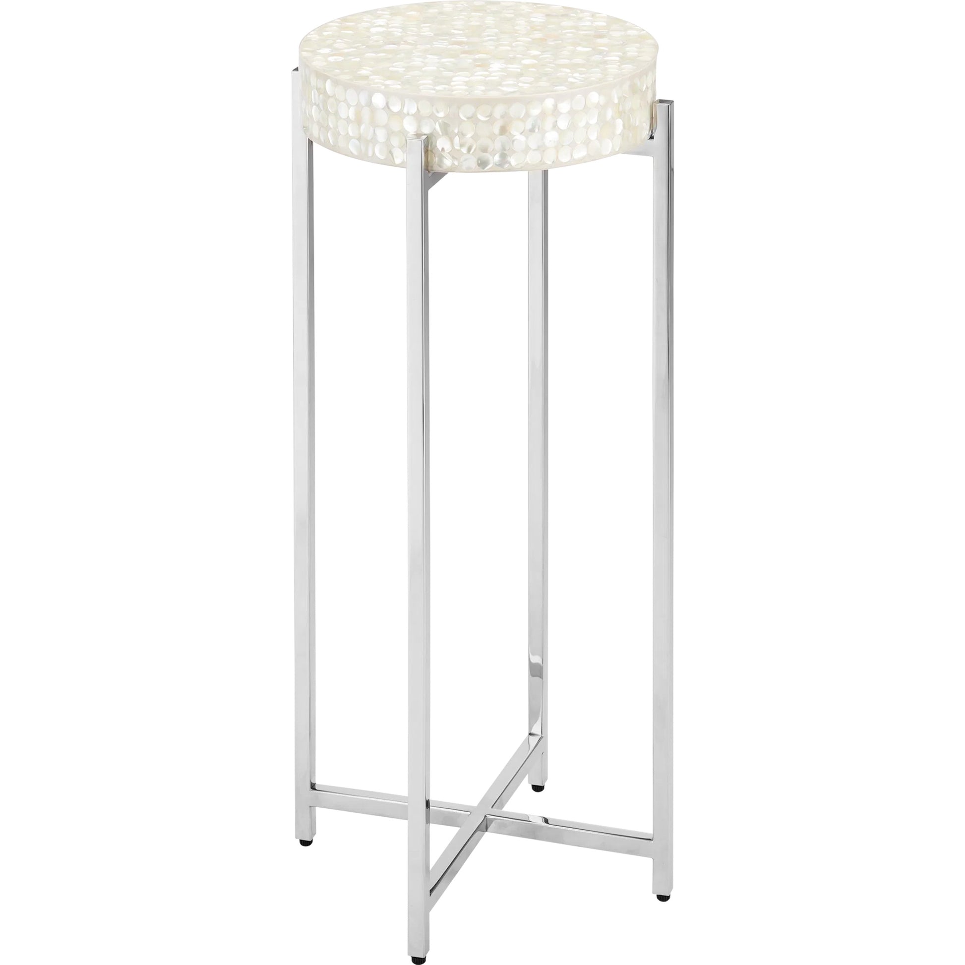 Gerri Dot Mother of Pearl Drinks Table by Currey and Company in natural, polished nickel. Made from mother of pearl, stainless steel, engineered wood in a modern style.