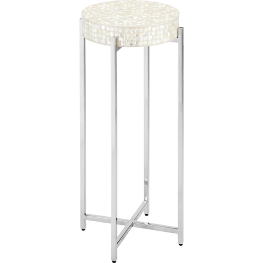 Gerri Dot Mother of Pearl Drinks Table by Currey and Company in natural, polished nickel. Made from mother of pearl, stainless steel, engineered wood in a unique style.