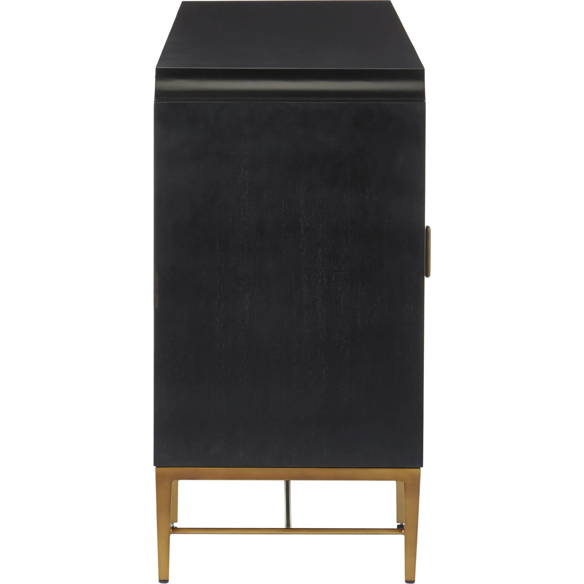 Kallista Blue Credenza by Currey and Company in dark sapphire, caviar black, antique brass. Made from sycamore veneer, mahogany, engineered hardwood, cast brass, iron in a modern style.