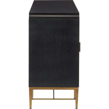 Kallista Blue Credenza by Currey and Company in dark sapphire, caviar black, antique brass. Made from sycamore veneer, mahogany, engineered hardwood, cast brass, iron in a modern style.