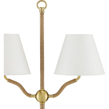 Sirocco Floor Lamp by Currey and Company in antique brass. Made from natural jute rope, metal in a modern style.