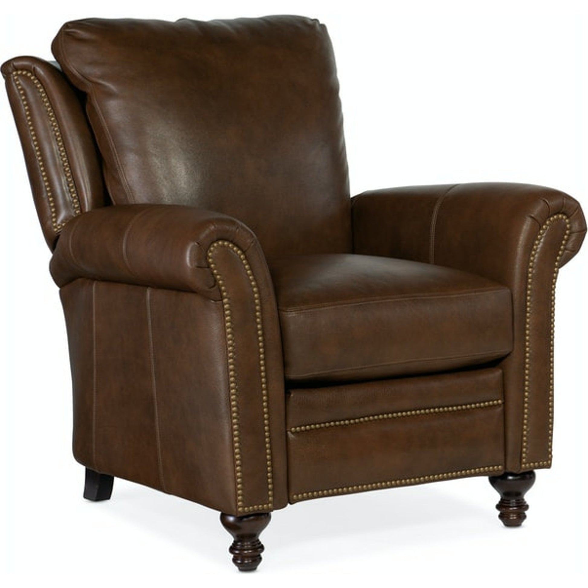 Richardson High Leg Reclining Lounger by Bradington-Young by Hooker Furniture in brown and plantation, brass. Made from 100% leather in a unique style.