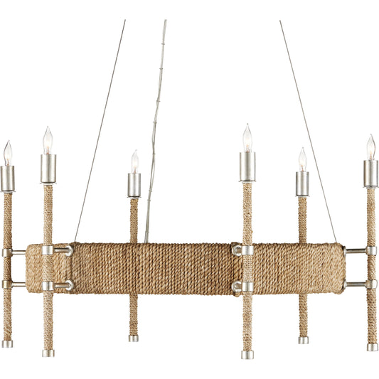 Monzie Chandelier by Currey and Company in contemporary silver leaf, natural. Made from wrought iron, abaca rope in a cottage & farmhouse style.