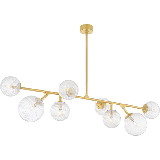 Glasgow 8-Light Linear Chandelier by Corbett in vintage polished brass. Made from steel in a unique style.