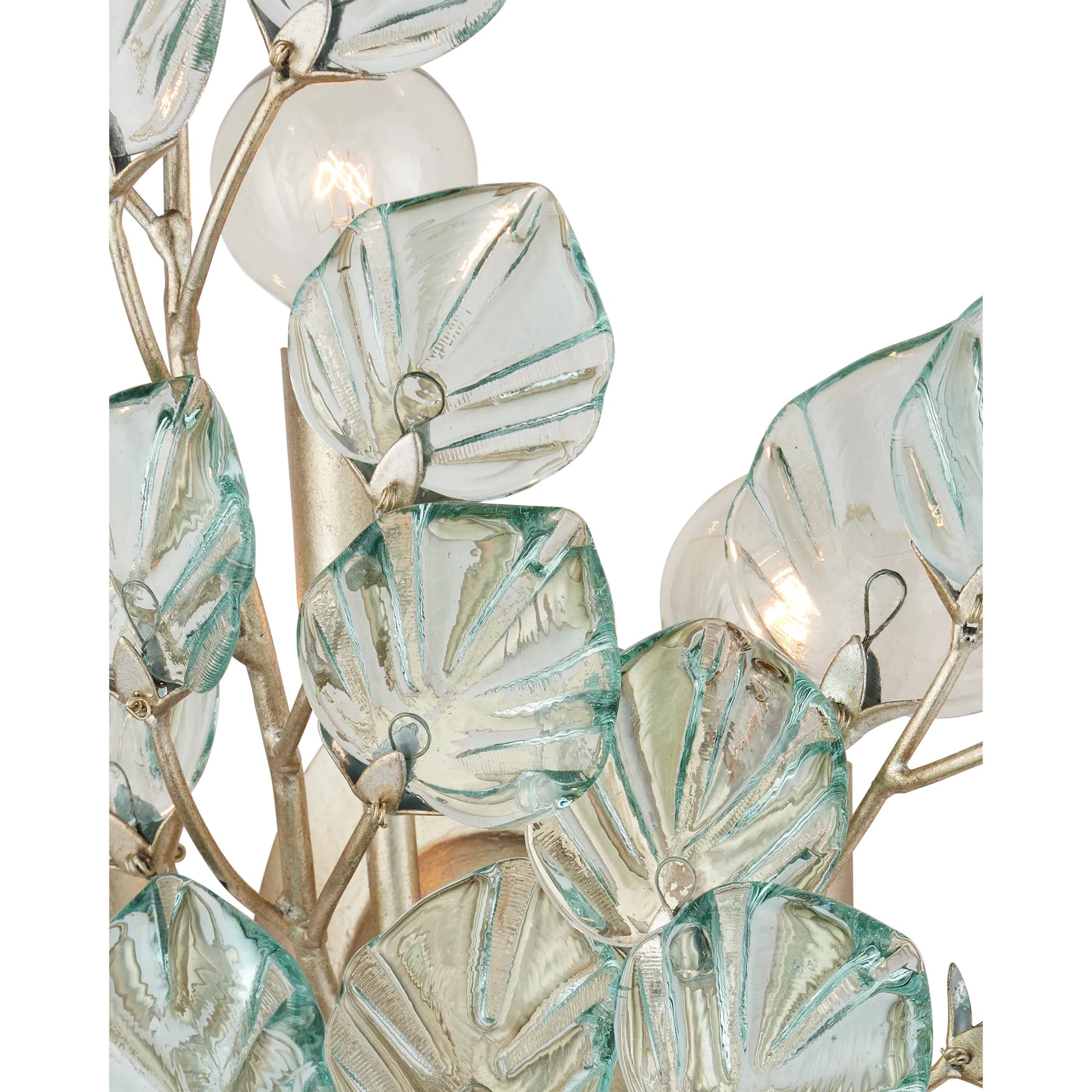Baobab Wall Sconce by Currey and Company in clear, contemporary silver leaf. Made from recycled glass, wrought iron in a modern style.