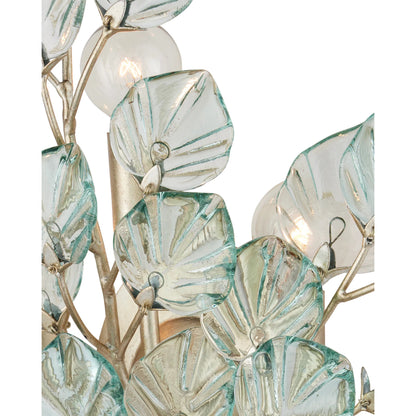 Baobab Wall Sconce by Currey and Company in clear, contemporary silver leaf. Made from recycled glass, wrought iron in a modern style.