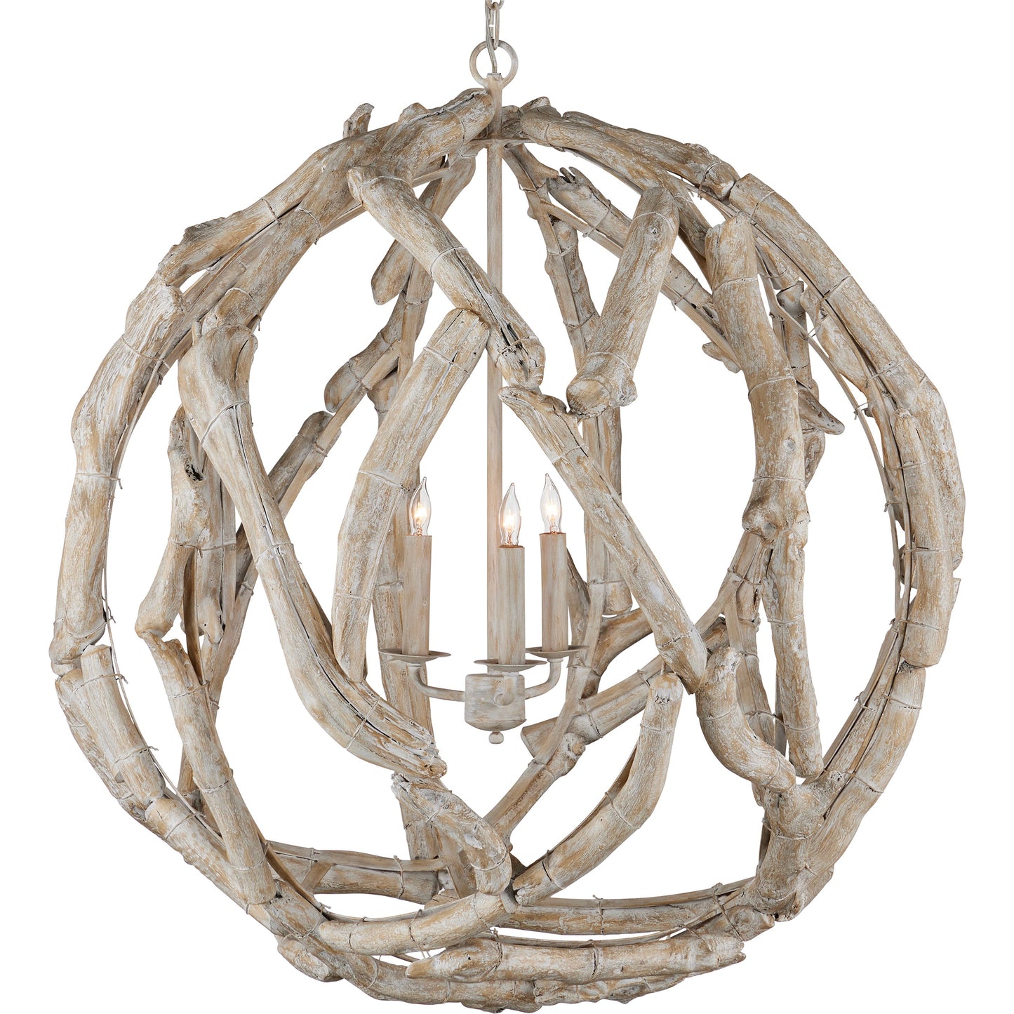001 SI-2134119 | Primary Silo | Driftwood Whitewash Orb Chandelier by Currey and Company in whitewashed driftwood. Made from driftwood, wrought iron in a cottage & farmhouse style.