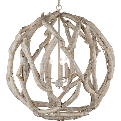 Driftwood Whitewash Orb Chandelier by Currey and Company in whitewashed driftwood. Made from driftwood, wrought iron in a cottage & farmhouse style.