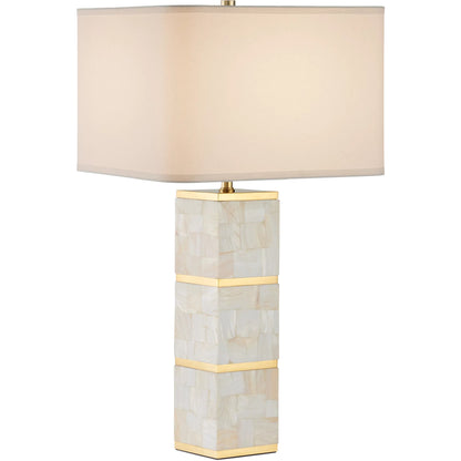 Casey Mother of Pearl Table Lamp by Currey and Company in natural, brass. Made from mother of pearl, stainless steel, composite in a modern style.