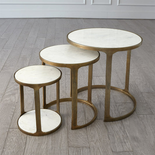 Marble Top Nesting Tables by Global Views in brass. Made from aluminum, 15mm banswara marble (not sealed) in a modern style.