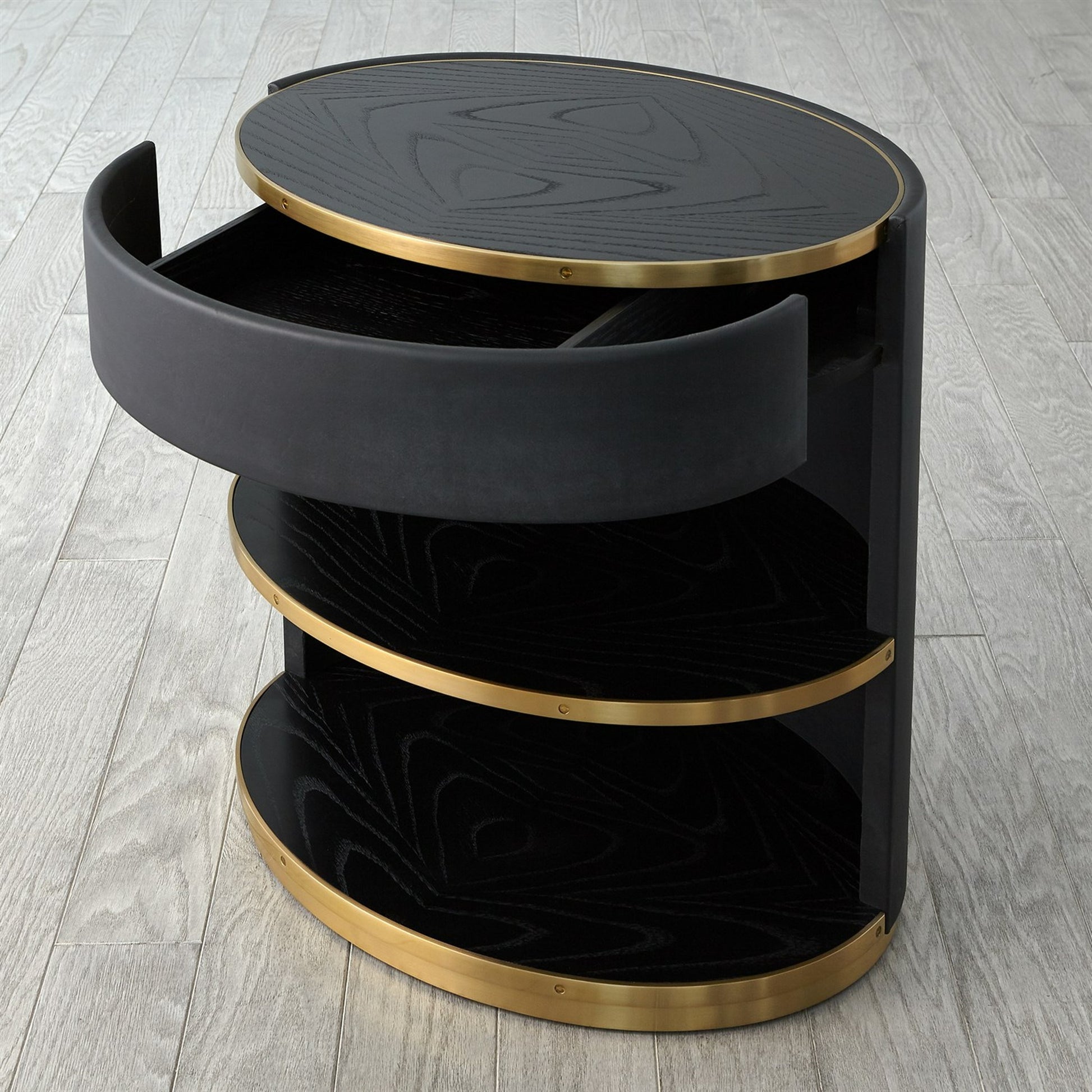 Ellipse Bedside Cabinet by Global Views in black. Made from poplar, oak, black lacquer in a modern style.