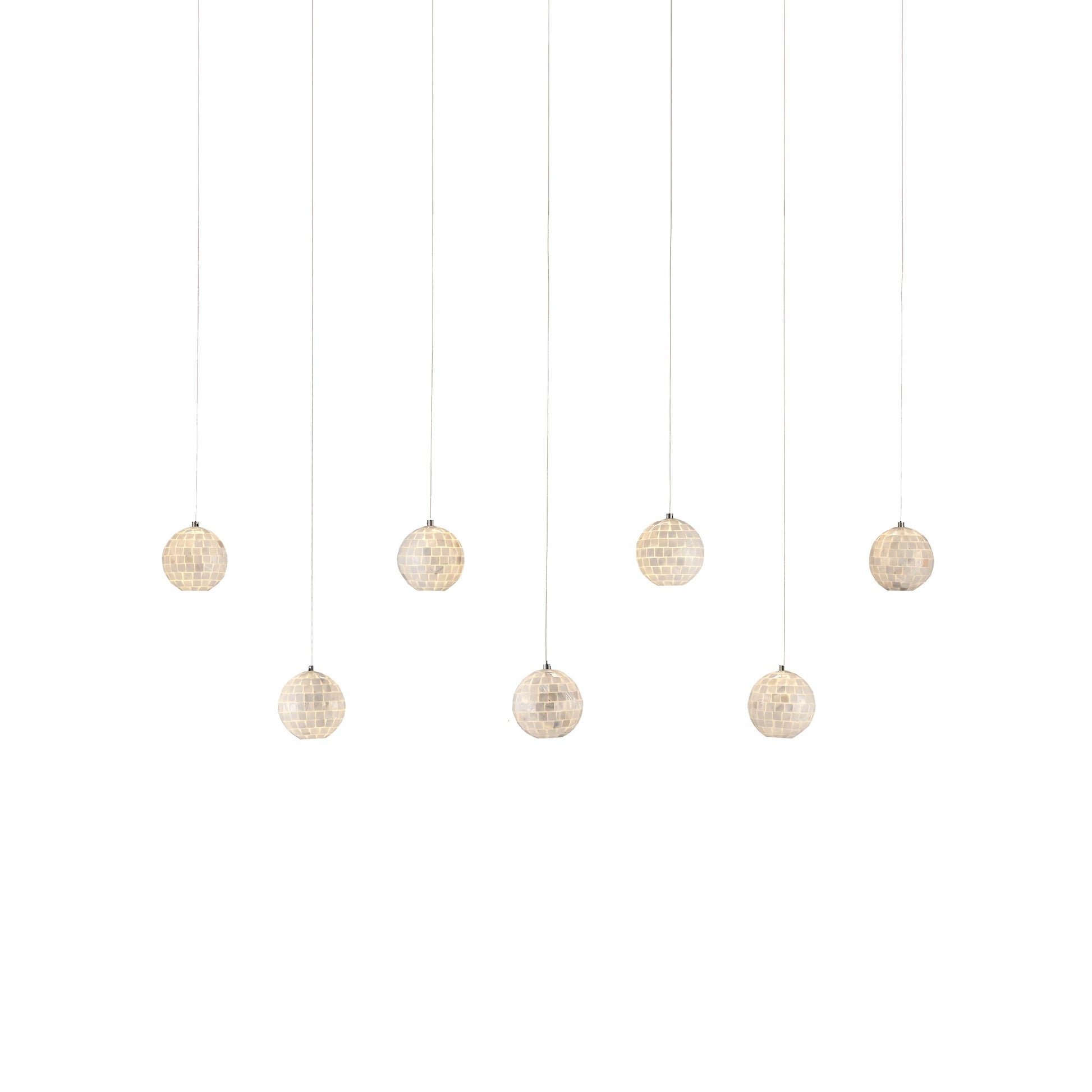 Finhorn Rectangular 7-LIGHT Multi-Drop Pendant by Currey and Company in pearl, silver. Made from pearl, mother of pearl in a modern style.