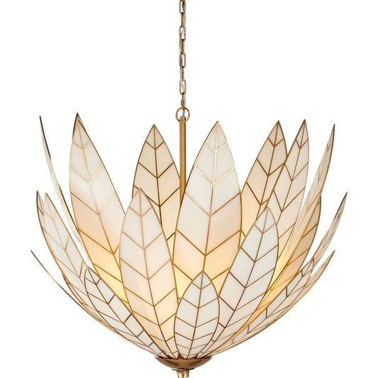 Lamina Chandelier by Currey and Company in antique brass, off-white. Made from brass, metal, composite in a modern style.