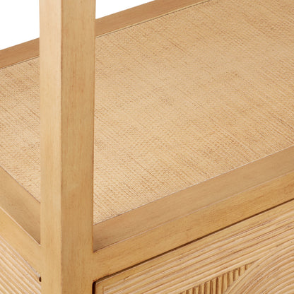 Santos Storage Etagere by Currey and Company in vintage navy, brushed brass. Made from rattan, mahogany, grasscloth, brass in a transitional style.