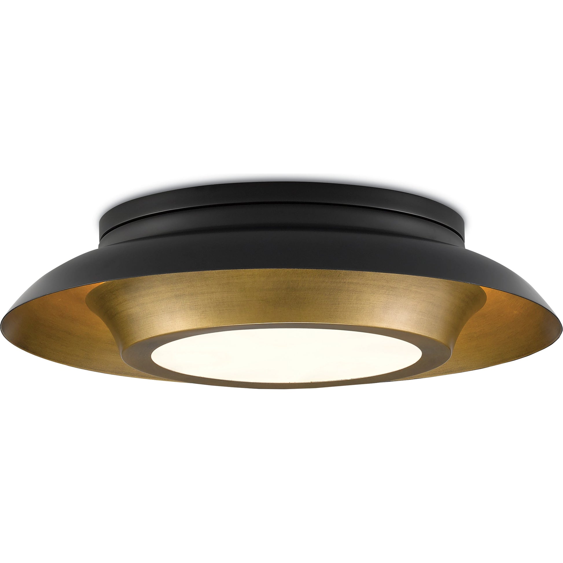Metaphor Flush Mount by Currey and Company in painted antique brass, painted black. Made from brass, glass in a transitional style.