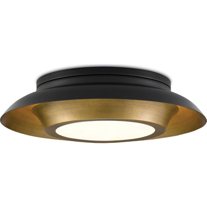 Metaphor Flush Mount by Currey and Company in painted antique brass, painted black. Made from brass, glass in a transitional style.