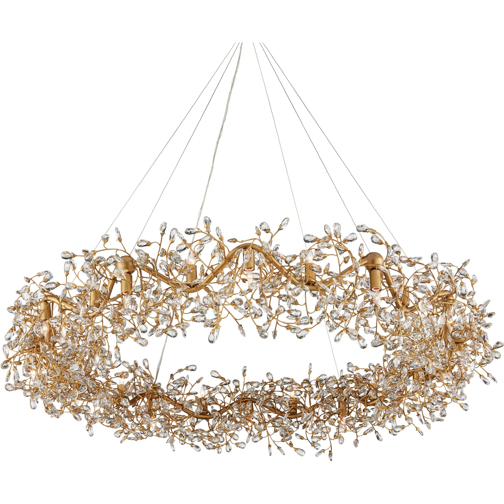 Crystal Bud Ring Chandelier by Currey and Company in clear, brass. Made from crystal, wrought iron in a modern style.