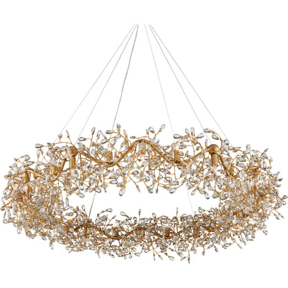 Crystal Bud Ring Chandelier by Currey and Company in clear, brass. Made from crystal, wrought iron in a modern style.