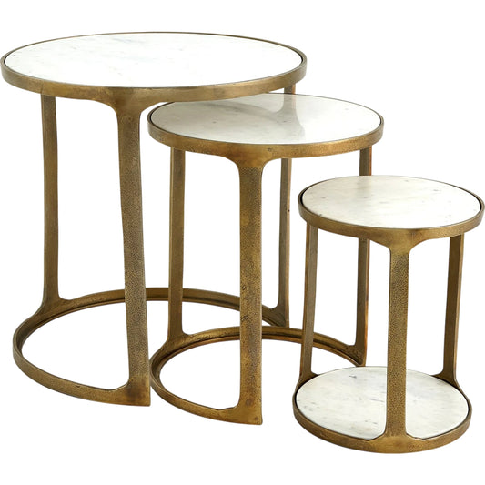 Marble Top Nesting Tables by Global Views in brass. Made from aluminum, 15mm banswara marble (not sealed) in a modern style.