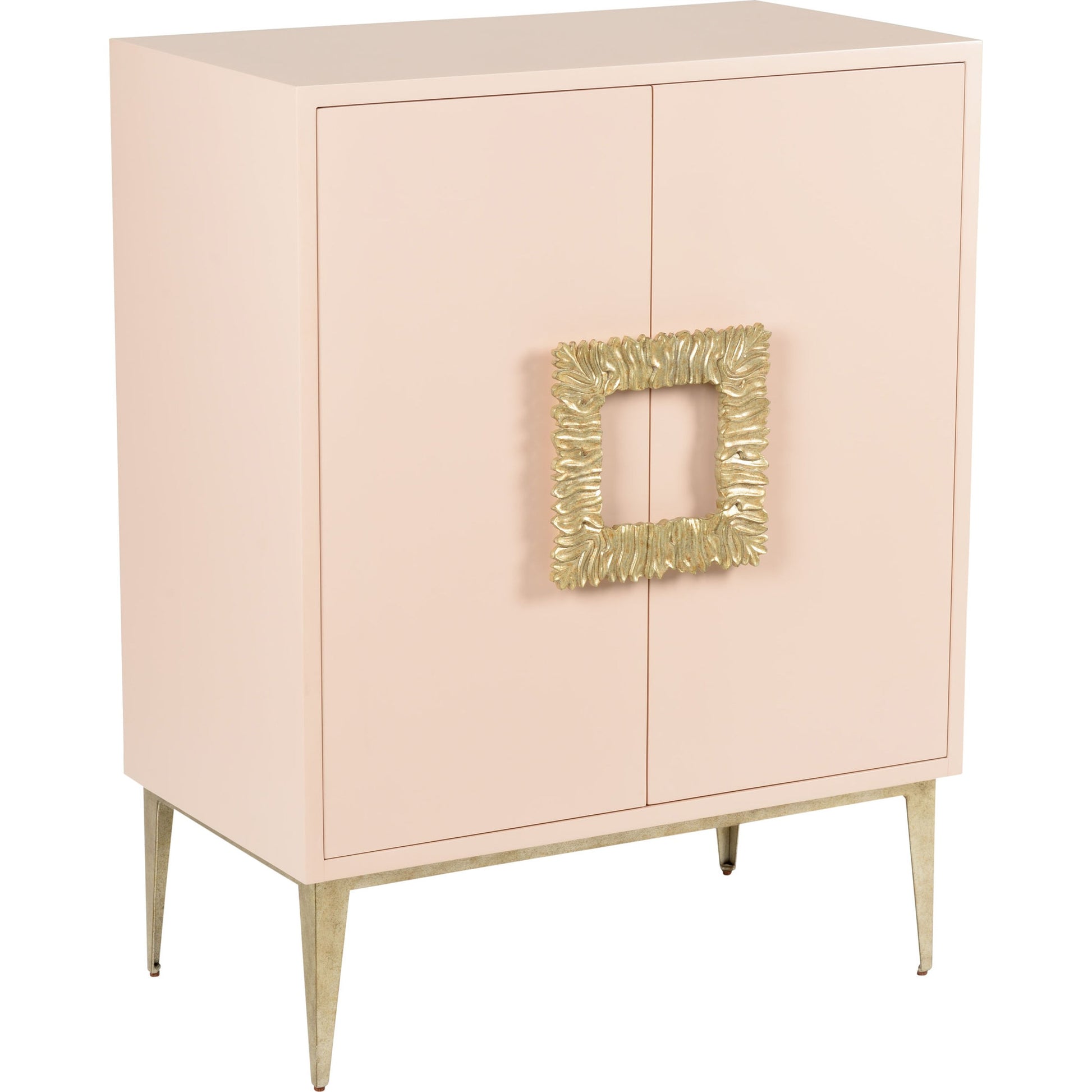 Maddox Cabinet by Wildwood in pink, antique gold leaf. Made from wood in a modern style.