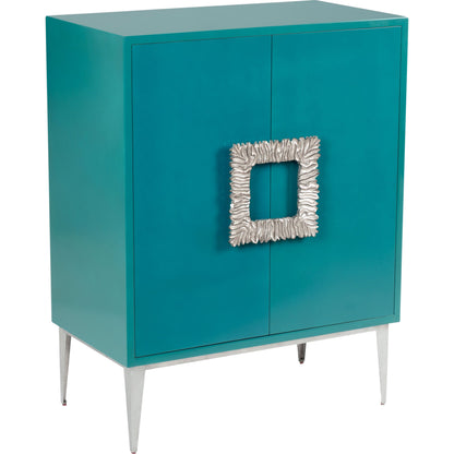 Maddox Cabinet by Wildwood in pink, antique gold leaf. Made from wood in a modern style.