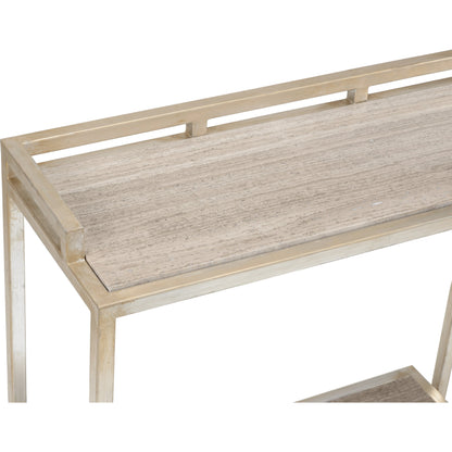 Bogart Bar Stand by Wildwood in antique silver leaf, natural gray. Made from stone in a transitional style.