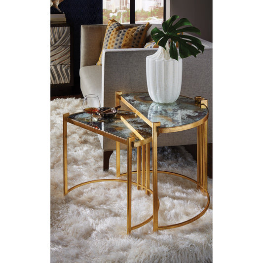 Rockefeller Nested Tables by Wildwood in acid wash, antique gold leaf, gold leaf. Made from mirror in a transitional style.