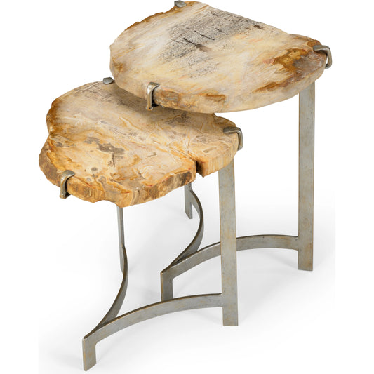 Bedrock Nested Tables by Wildwood in natural, antique silver leaf. Made from petrified wood in a modern style.