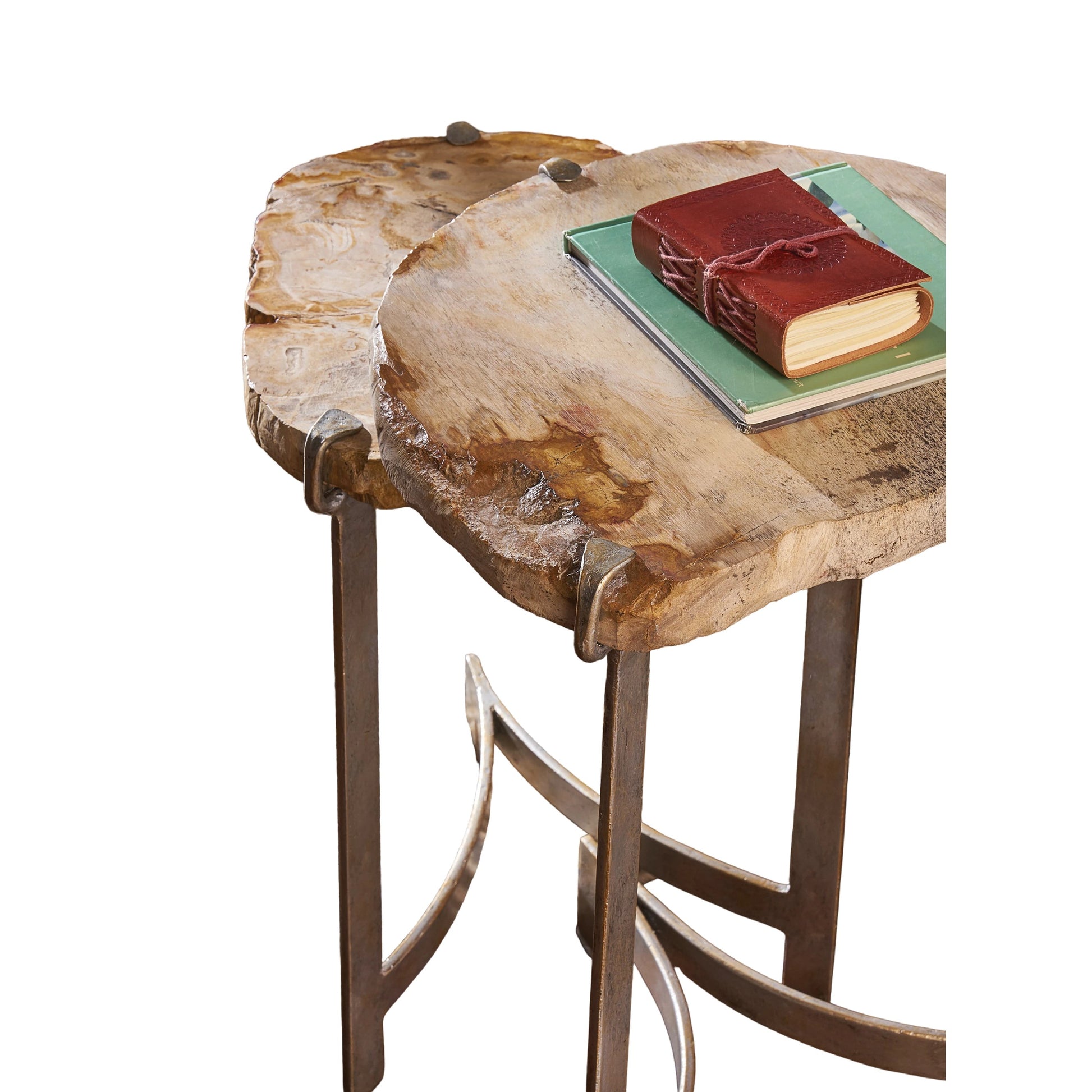Bedrock Nested Tables by Wildwood in natural, antique silver leaf. Made from petrified wood in a modern style.