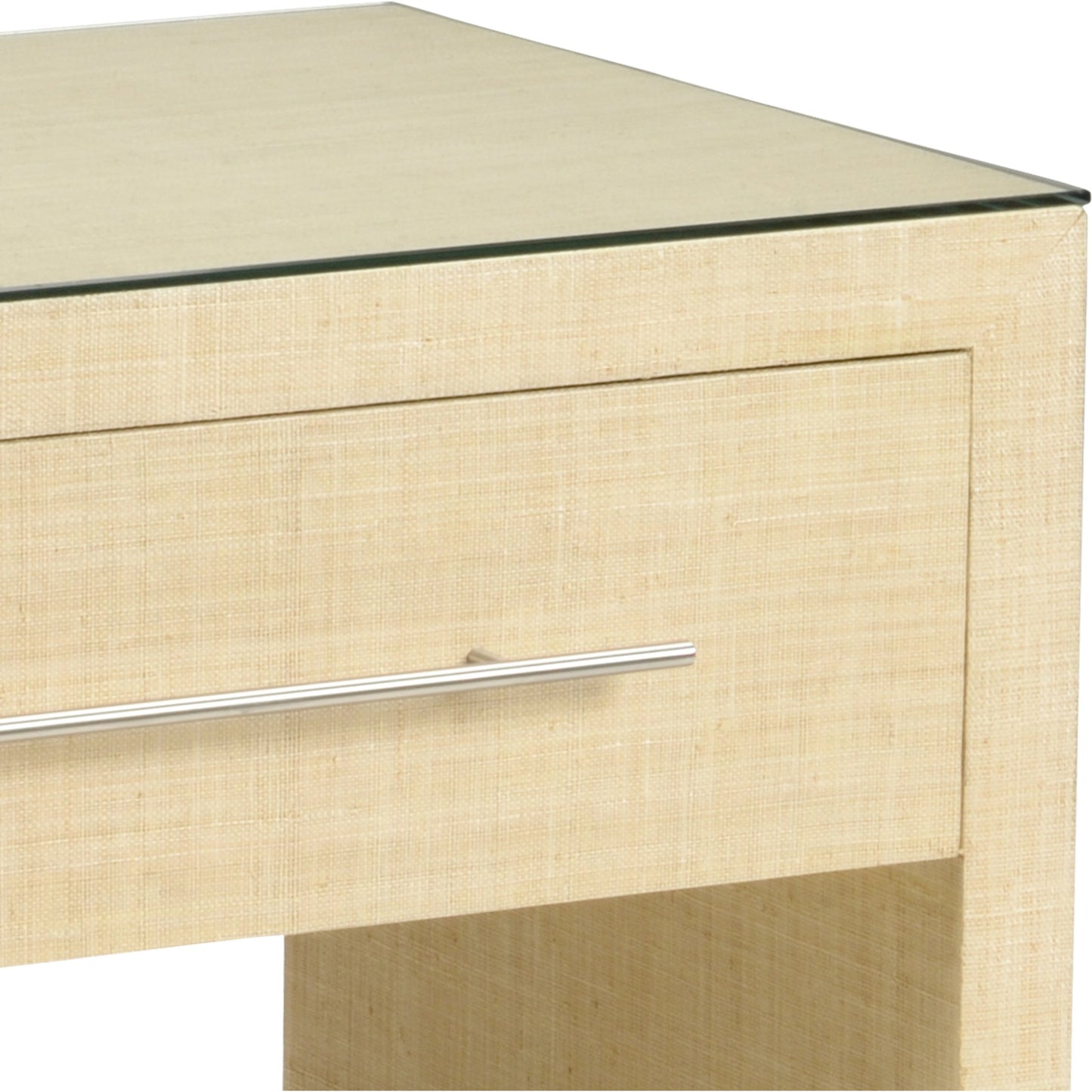 002 SR-385597 | Closeup | Hazel Bedside Chest by Wildwood in natural, clear, brushed nickel. Made from abacia, glass, iron in a modern style.
