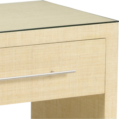 Hazel Bedside Chest by Wildwood in natural, clear, brushed nickel. Made from abacia, glass, iron in a modern style.