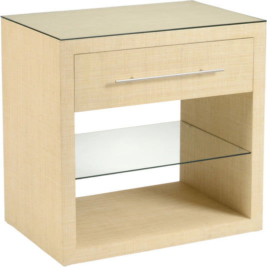 Hazel Bedside Chest by Wildwood in tan. Made from abacia, glass, iron in a modern style.