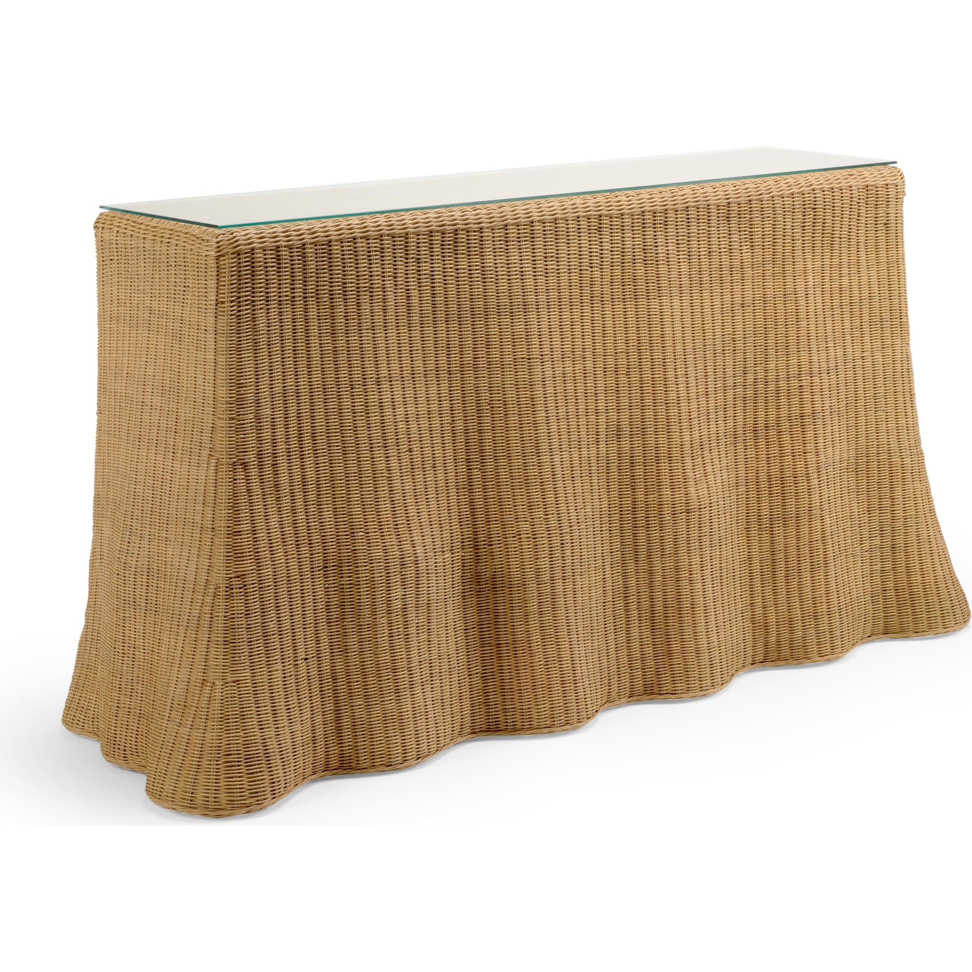 Savannah Console by Wildwood in natural, clear. Made from wicker, rattan, glass in a modern style.