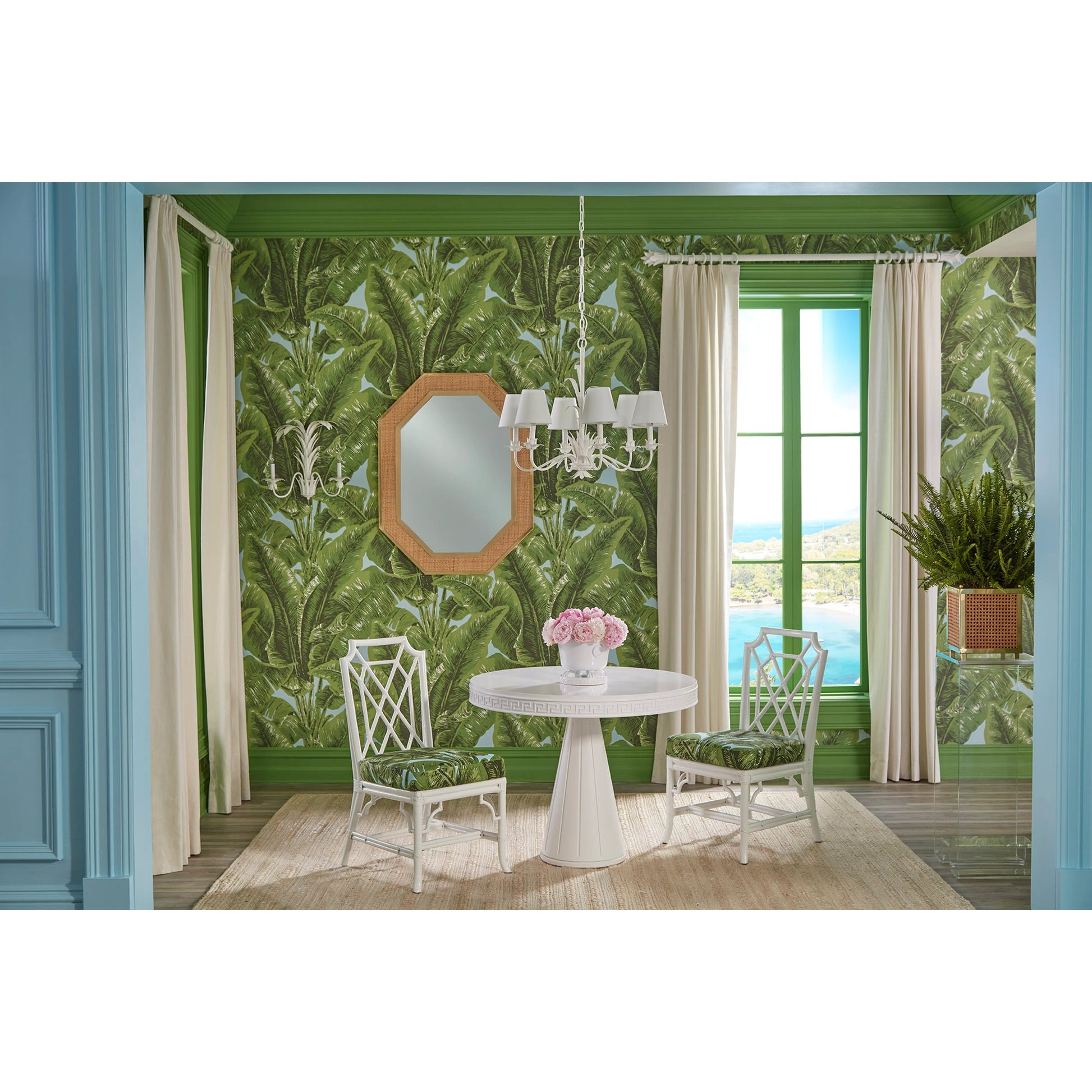 Wild Palm Side Chair by Wildwood in white, off white. Made from rattan, fabric in a coastal style.