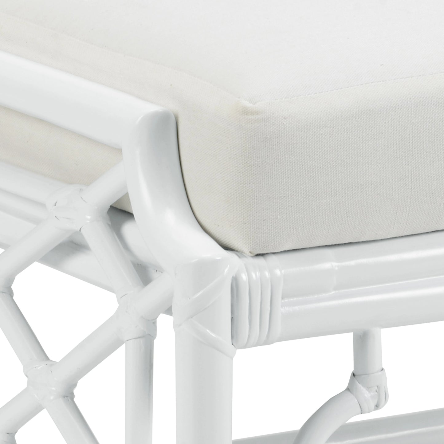 002 SR-782826 | Closeup | Wild Palm Ottoman by Wildwood in white, off white. Made from rattan, fabric in a coastal style.
