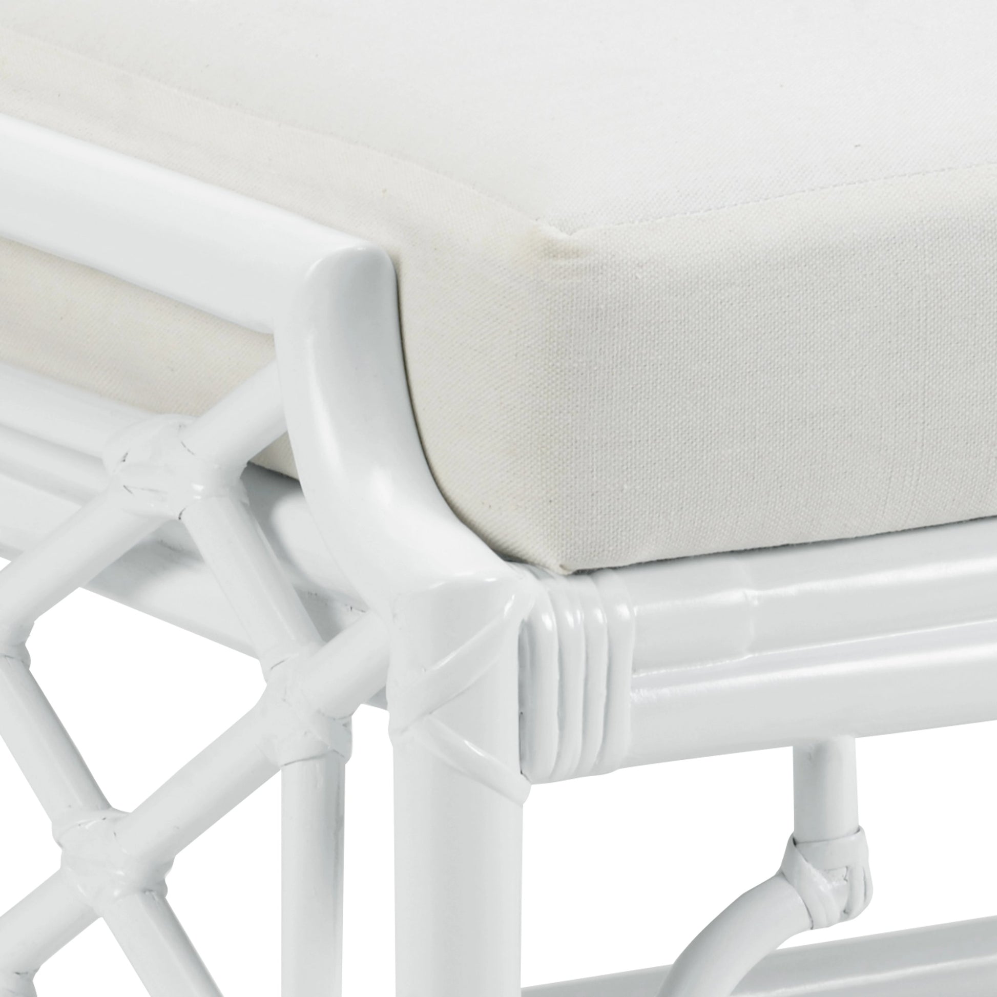 Wild Palm Ottoman by Wildwood in white, off white. Made from rattan, fabric in a coastal style.
