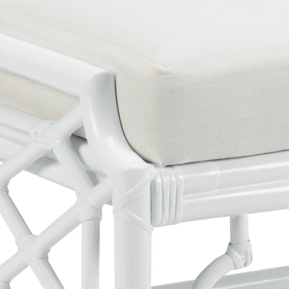 Wild Palm Ottoman by Wildwood in white, off white. Made from rattan, fabric in a coastal style.